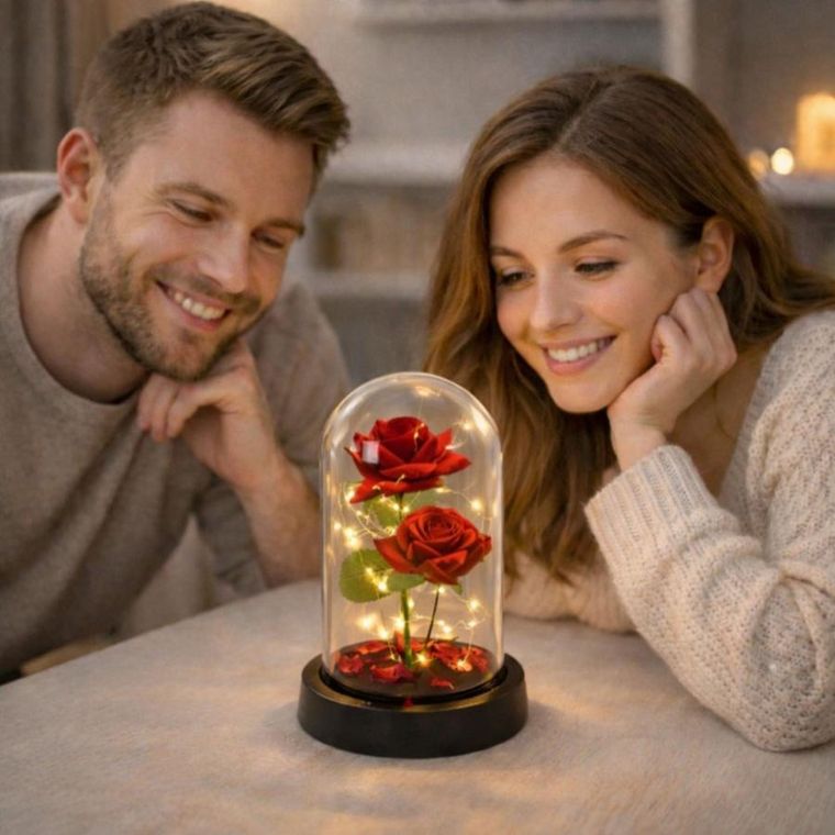 Lean Toys, 2 wieczne róże w kopule, z oświetleniem LED