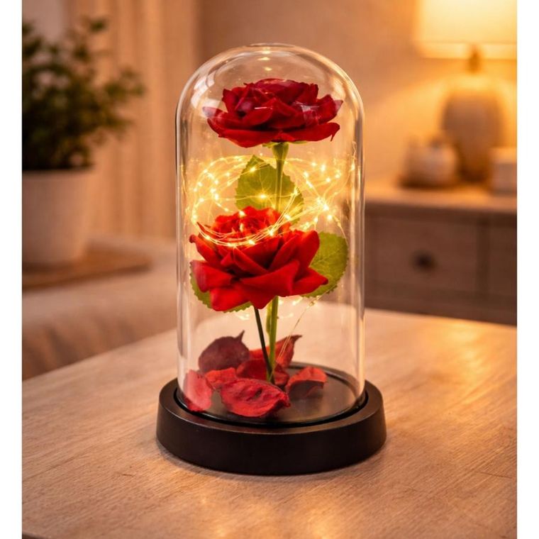 Lean Toys, 2 wieczne róże w kopule, z oświetleniem LED