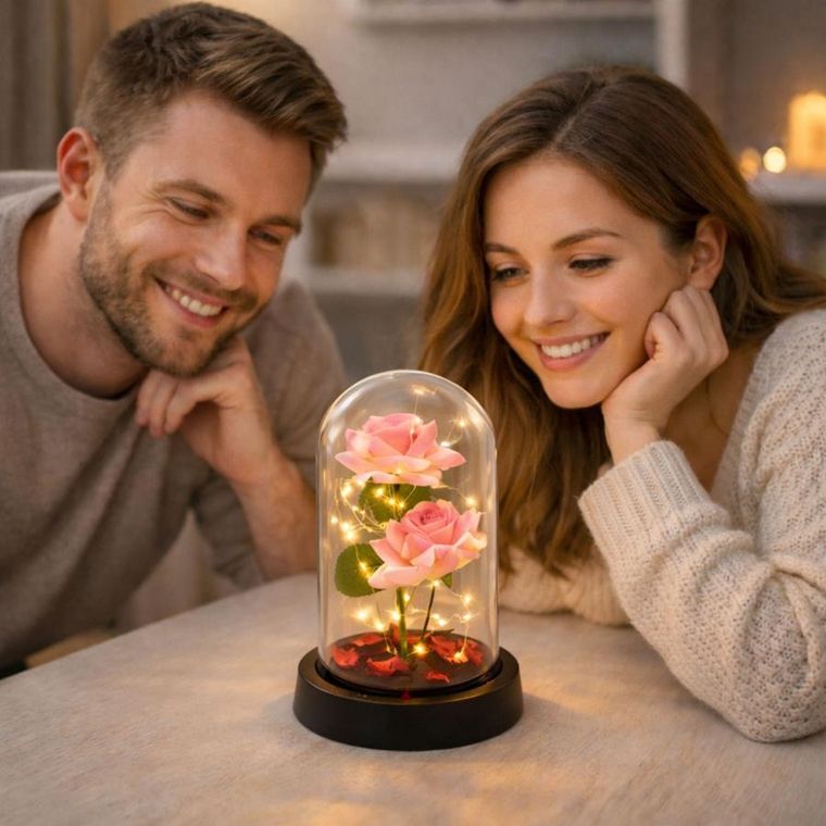 Lean Toys, 2 wieczne róże w kopule, z oświetleniem LED