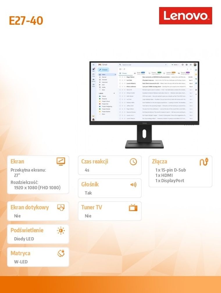 Lenovo, ThinkVision E27-40, monitor, 27", FHD 100Hz, 300nits, AG, HDMI, DP, VGA, czarny
