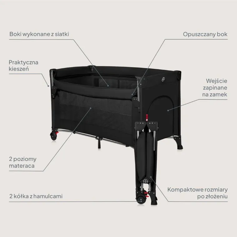 Lionelo, Ellen, łóżeczko turystyczne z funkcją dostawki, 3w1, black