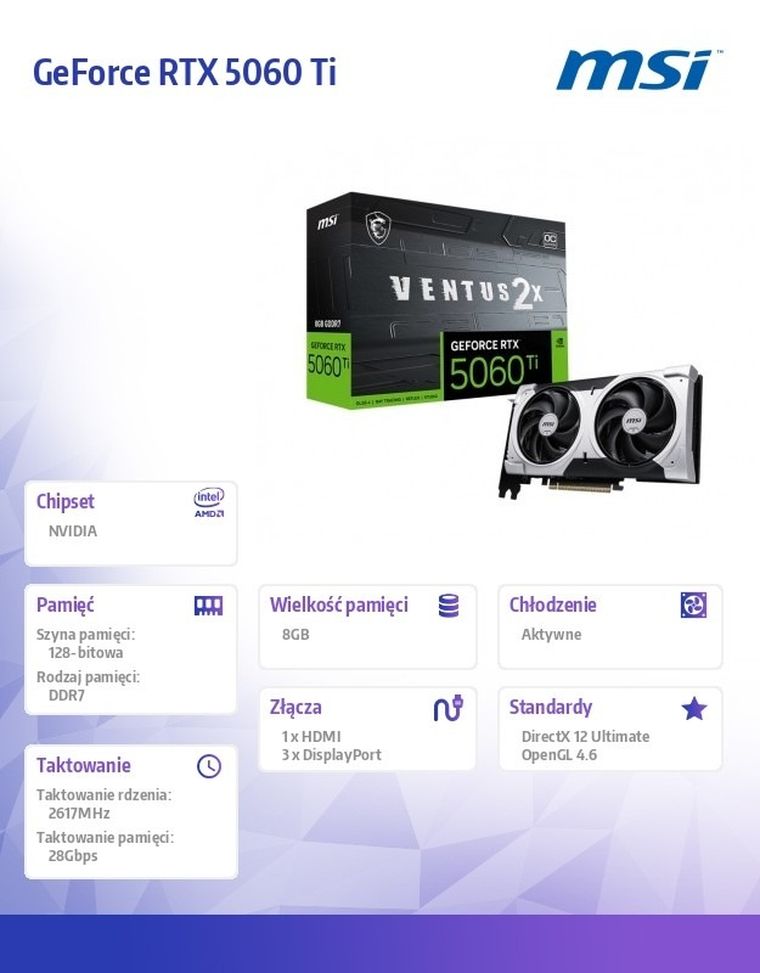 MSI, karta graficzna, RTX 5060 Ti 8G VENTUS 2X OC PLUS