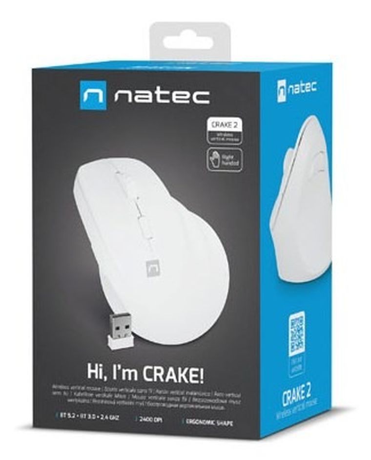 Natec, mysz bezprzewodowa, wertykalna, Crake 2, BT 5.2 + 2.4GHz, biała