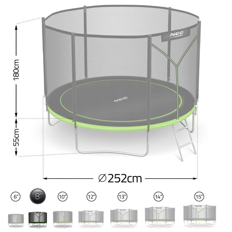 Neo-Sport, trampolina ogrodowa z siatką zewnętrzną i drabinką, 8ft/252 cm