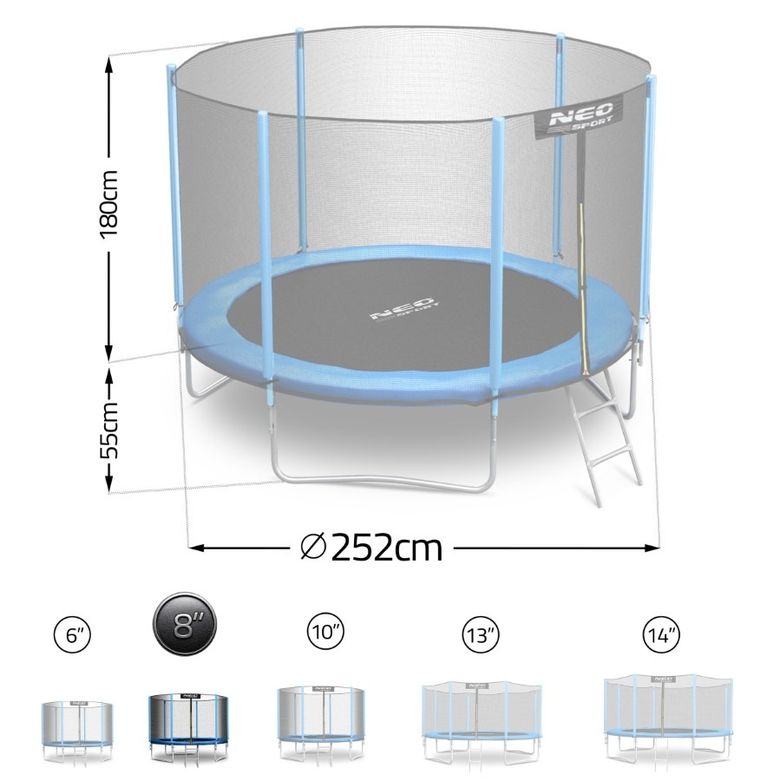 Neo-Sport, trampolina ogrodowa z siatką zewnętrzną i drabinką, 8ft/252 cm