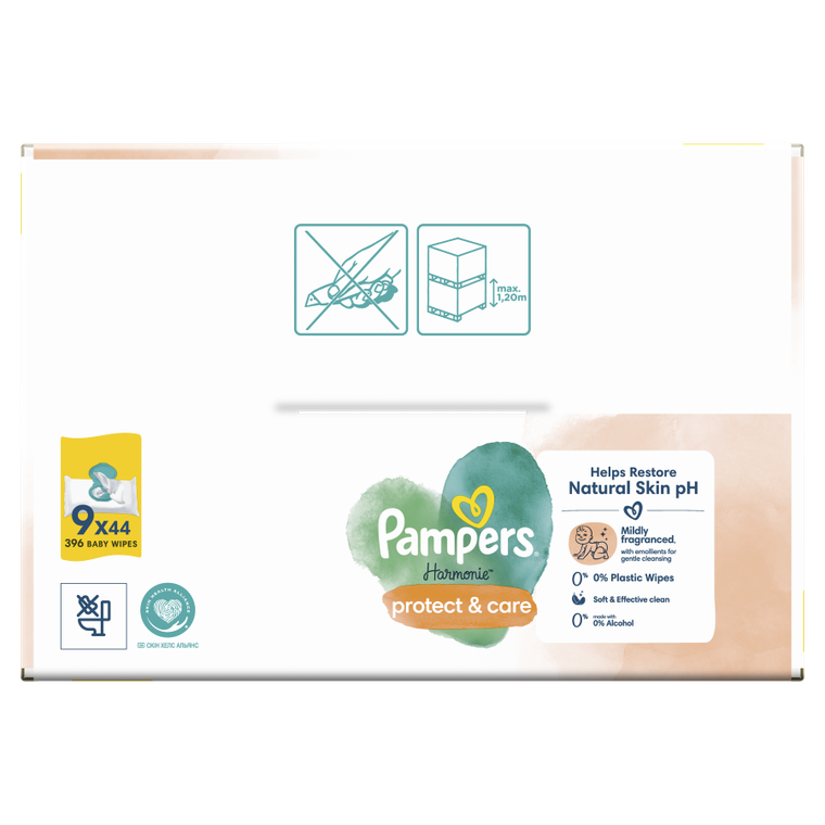 Pampers, Harmonie Protect & Care, chusteczki nawilżane dla dzieci, 9-pack, 396 szt.
