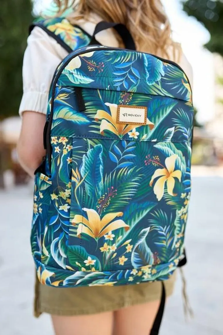 Plecak miejski, turkusowy, roślinny wzór, Rovicky