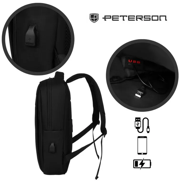 Plecak podróżny, bagaż podręczny do samolotu, czarny, port USB, Peterson