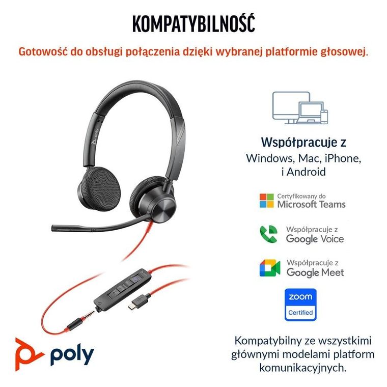 Poly, Blackwire 3325, słuchawki, USB-C, 3.5mm