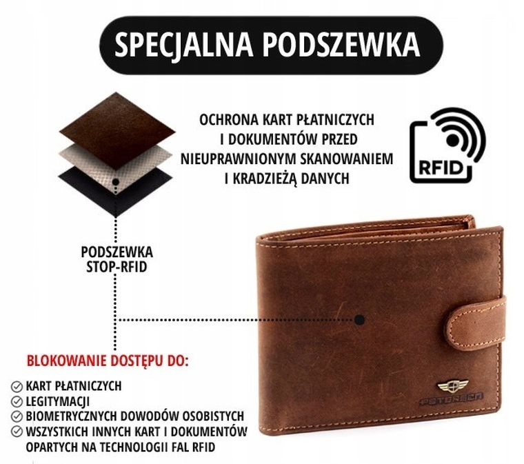 Portfel, brązowy, skórzany, RFID, Peterson