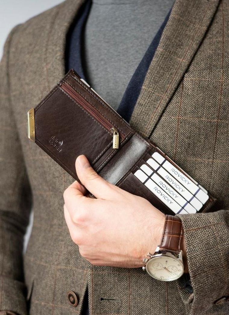 Portfel, brązowy, skórzany, RFID, Rovicky