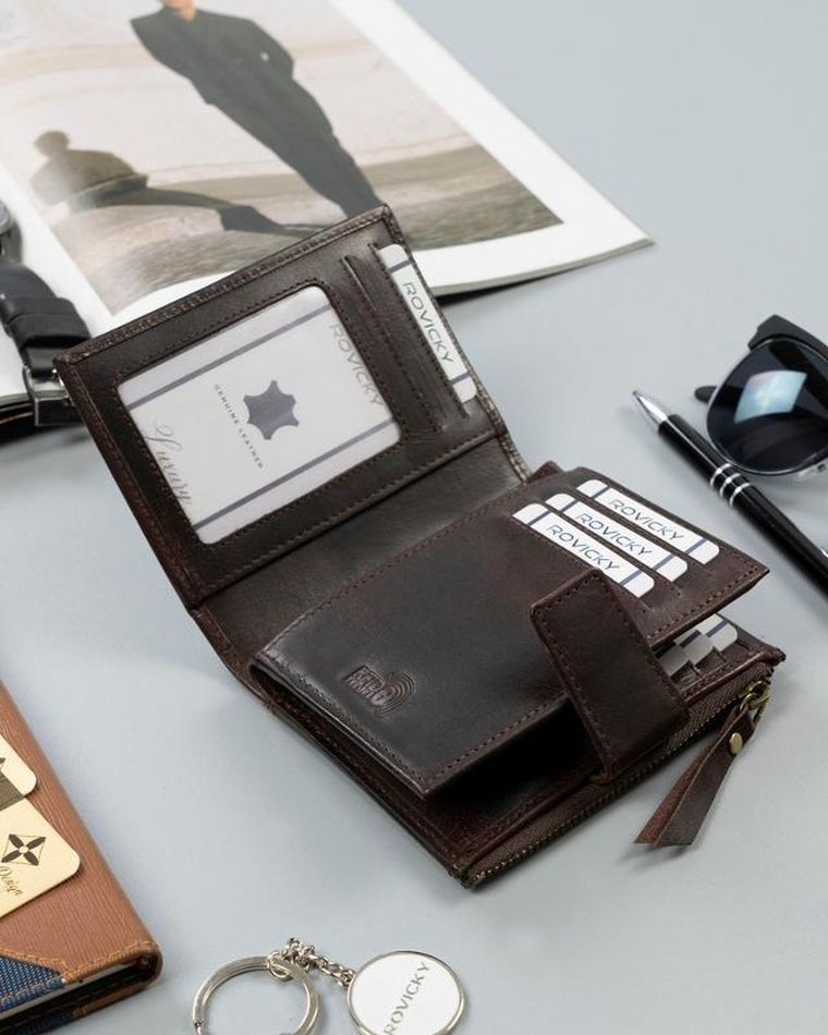 Portfel, brązowy, skórzany, RFID, Rovicky