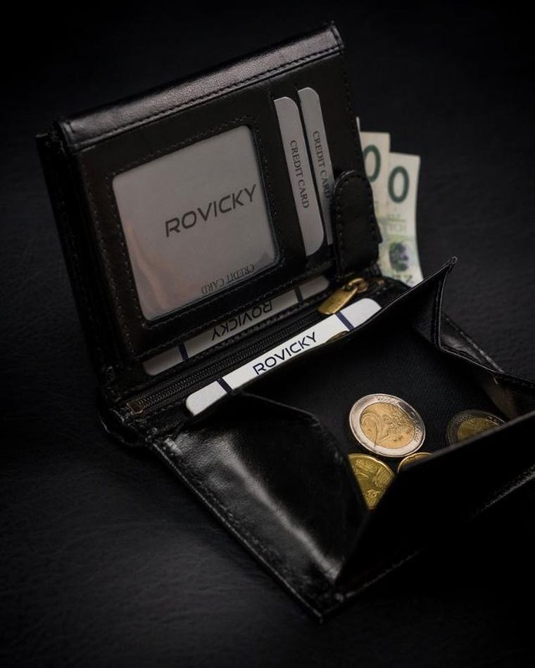 Portfel, czarno-czerwony, skórzany, RFID, Rovicky