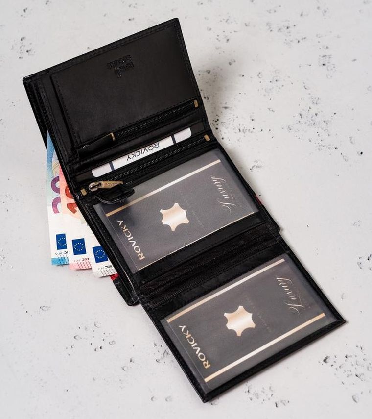 Portfel, czarno-czerwony, skórzany, RFID, Rovicky