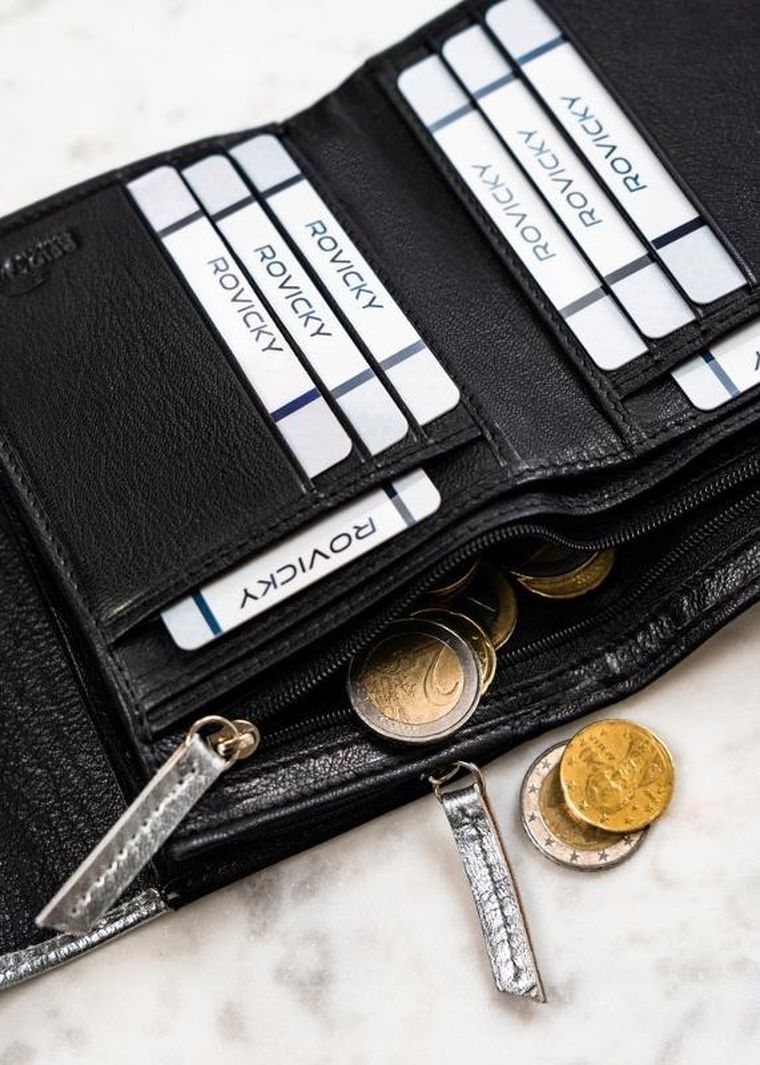 Portfel, czarno-srebrny, skórzany, Rovicky