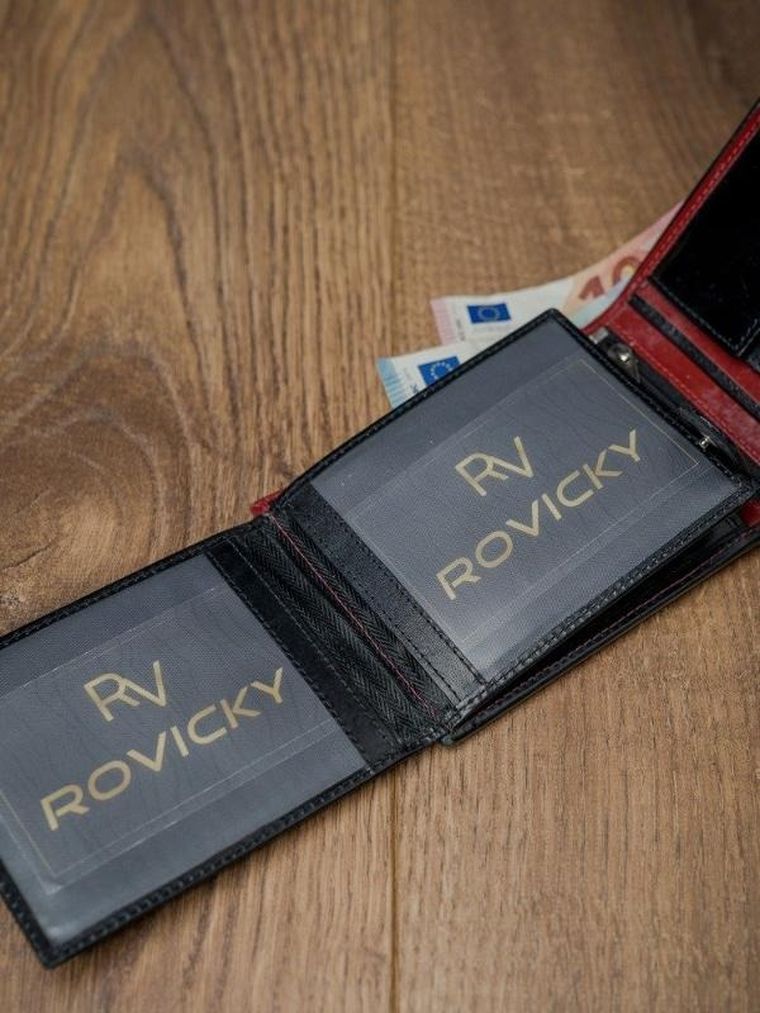 Portfel, czerwono-czarny, skórzany, RFID, Rovicky