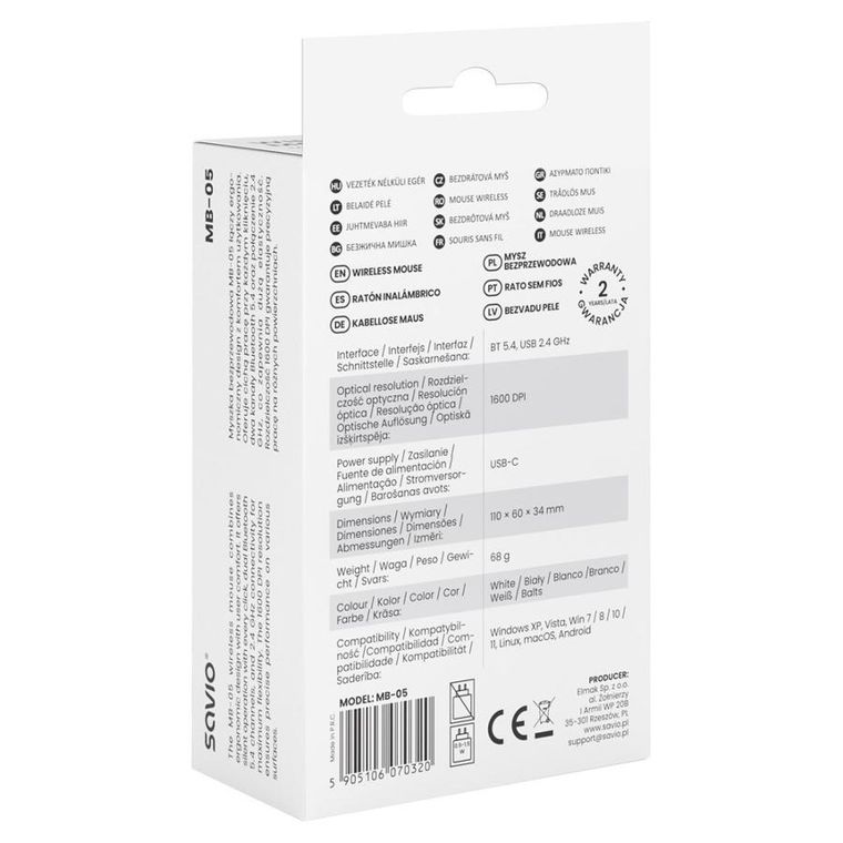 Savio, mysz bezprzewodowa, 2.4 GHZ, biała, MB-05