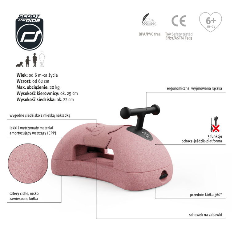 Scoot & Ride, My First, ewolucyjny jeździk pchacz, rose, 3w1