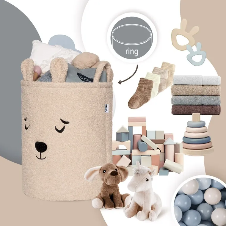 Sipo, Miś, kosz na zabawki XL, premium boucle, zamykany na ściągacz, beżowy