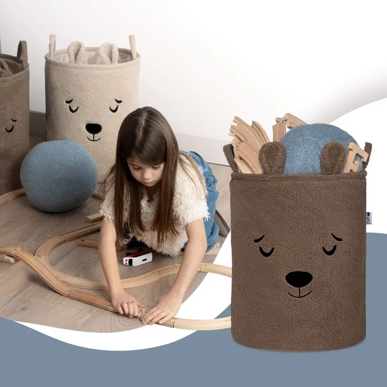 Sipo, Miś, kosz na zabawki XL, premium boucle, zamykany na ściągacz, brązowy