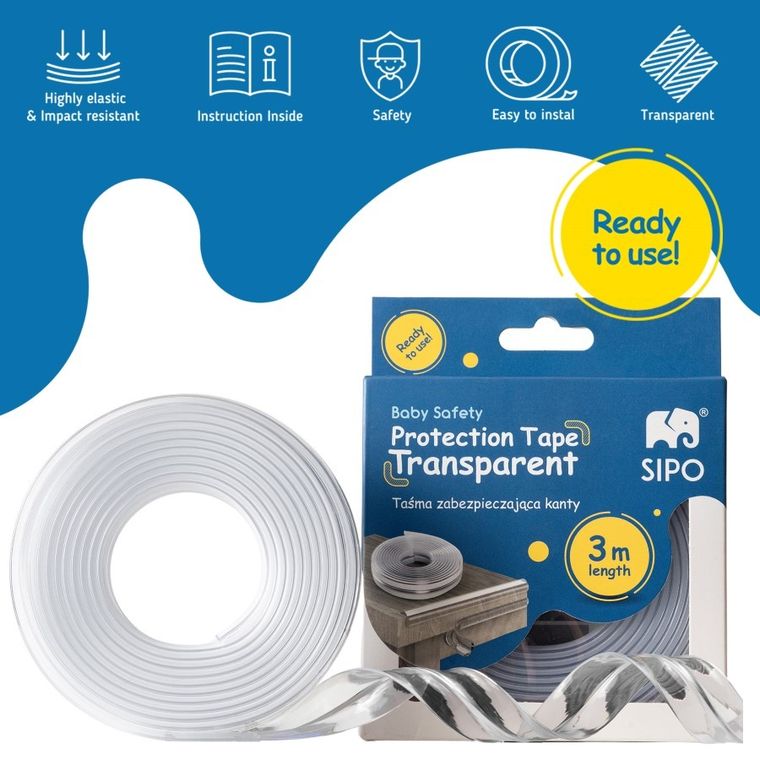 Sipo, silikonowa, transparentna taśma zabezpieczająca ostre krawędzie mebli, 3 metry