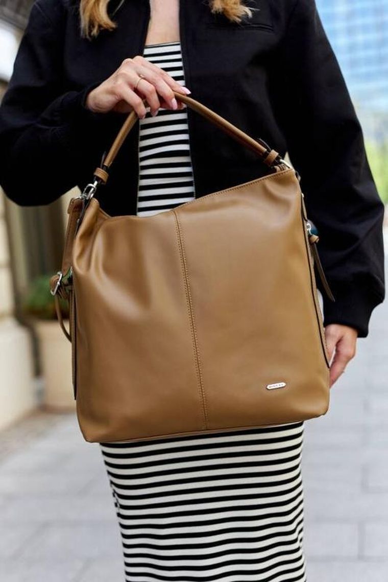 Torebka shopper, jasnobrązowa, skóra ekologiczna, Rovicky