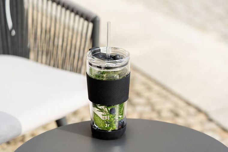 Vialli Design, kubek termiczny szklany ze słomką, 600 ml, czarny Fuori