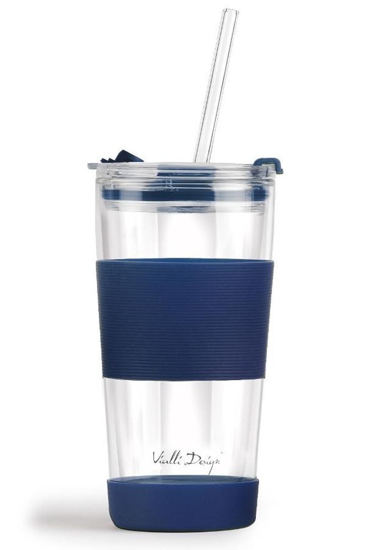 Vialli Design, kubek termiczny szklany ze słomką, 600 ml, granatowy Fuori