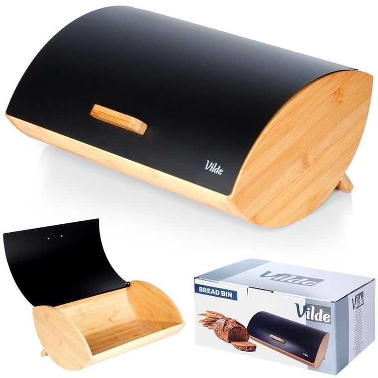 Vilde, chlebak drewniano-metalowy, czarny, 35,5-24,5-15,5 cm
