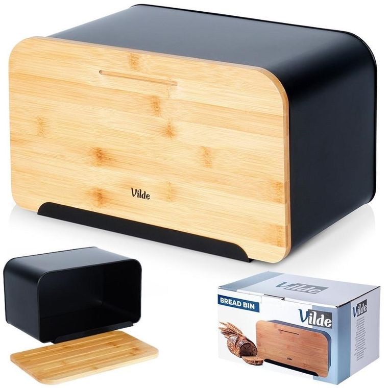 Vilde, chlebak metalowy z deską bambusową, czarny, 35-22-20,5 cm