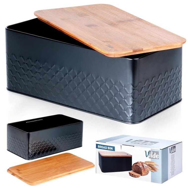Vilde, chlebak metalowy z deską drewnianą, czarny, 33,5-18,5-12,5 cm