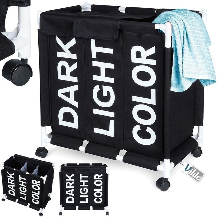 Vilde, kosz na pranie na kółkach, trzykomorowy, 137l