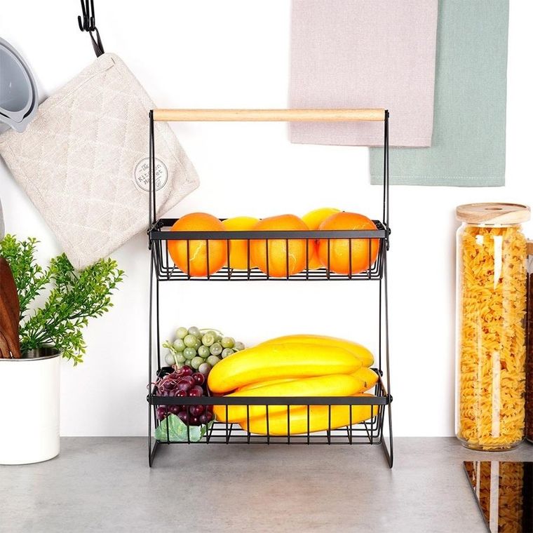 Vilde, koszyk na owoce, metalowy, 2-poziomowy, czarny