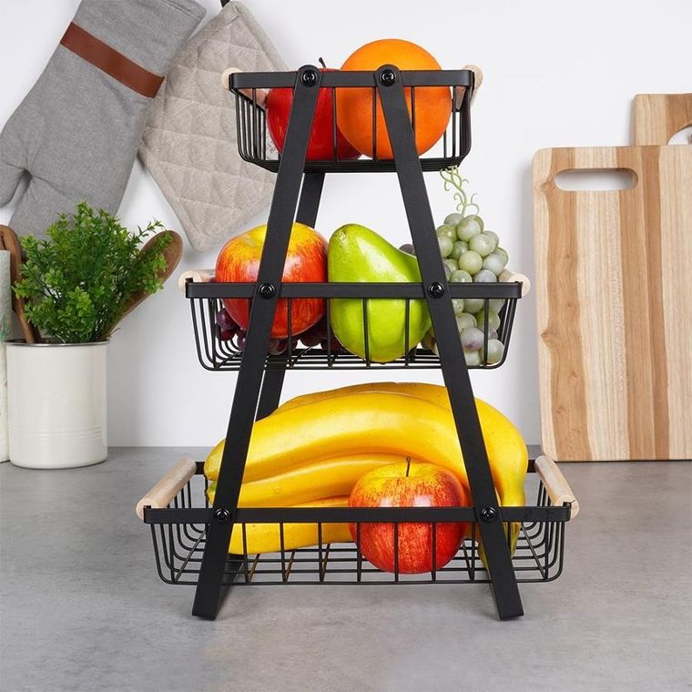 Vilde, koszyk na owoce, metalowy czarny, 3-poziomowy