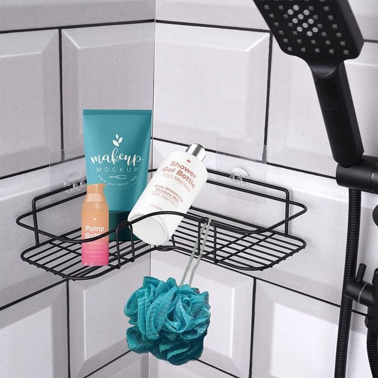 Vilde, półka pod prysznic, metalowa czarna, przyklejana, 26.5-26.5-6.5 cm