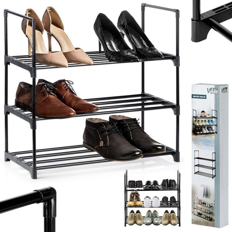 Vilde, regał na buty, metalowy, czarny, 3-poziomowy, 57-28-55 cm