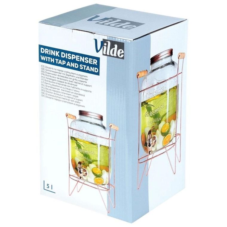 Vilde, słój szklany do napojów z kranikiem i stojakiem, 5,5l