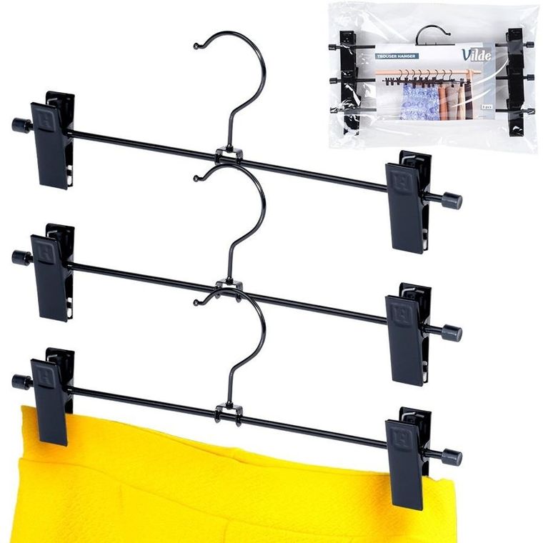 Vilde, wieszak na spodnie, metalowy, z klipsami, czarny, 3 szt.