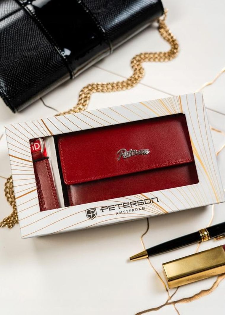 Zestaw: Portfel, Brelok, czerwony, skórzany, RFID, Peterson
