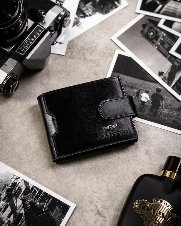 Zestaw: Portfel, Etui na karty, Brelok, czarny, skórzany, RFID, Peterson