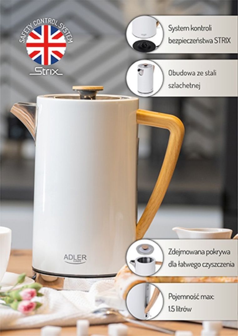 Adler, czajnik elektryczny, AD1347w, biały