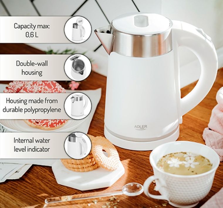 Adler, czajnik elektryczny, biały, 0,6l, AD 1372