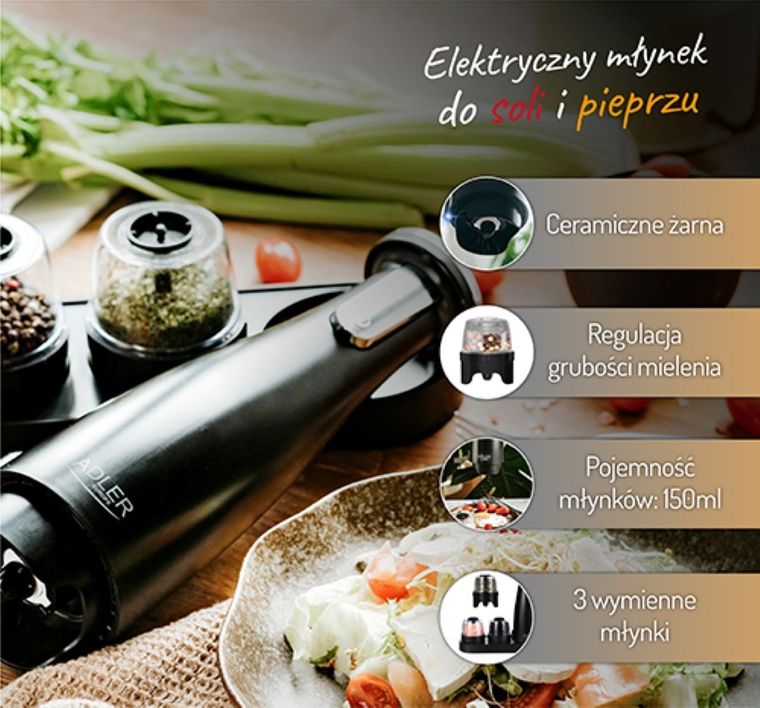 Adler, młynek elektryczny do przypraw, soli i pieprzu, 3w1, AD 4449B