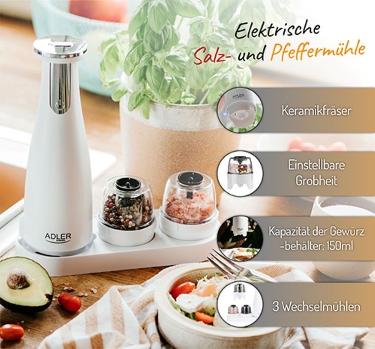 Adler, młynek elektryczny do przypraw, soli i pieprzu, 3w1, AD 4449w