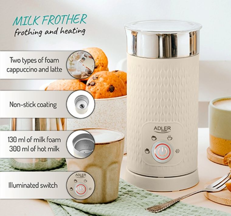 Adler, spieniacz do mleka 2w1, spienianie i podgrzewanie (latte i cappucino), AD 4495, kremowy