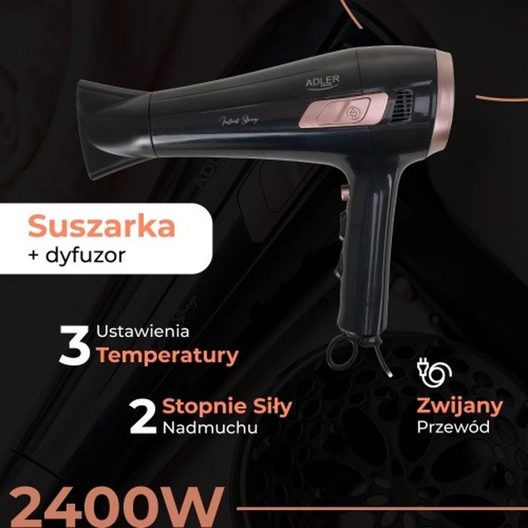 Adler, suszarka ze zwijanym przewodem, z dyfuzorem, 2400W