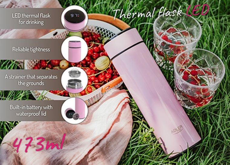 Adler, termos LED, różowy, 473 ml
