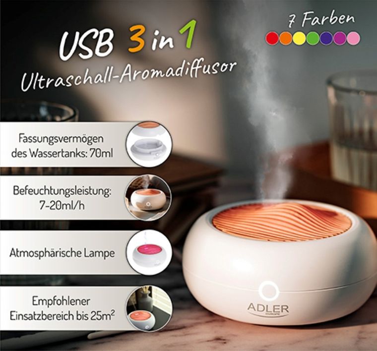 Adler, ultradźwiękowy dyfuzor zapachowy USB 3w1