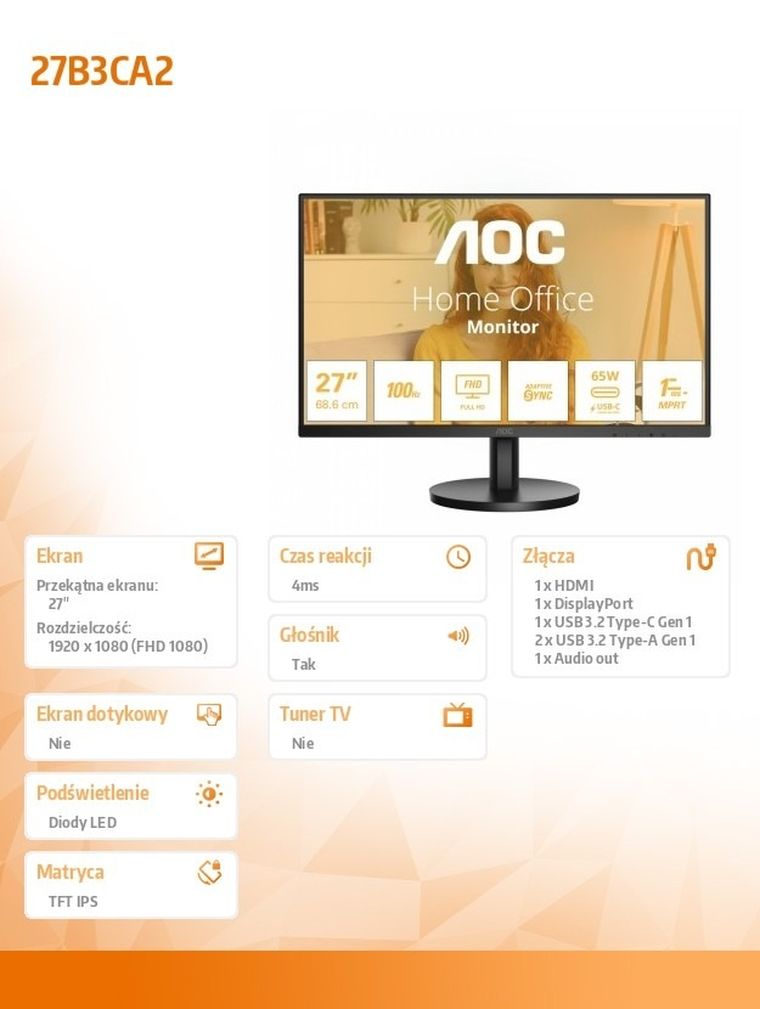 Aoc, monitor LED, 27", 27B3CA2