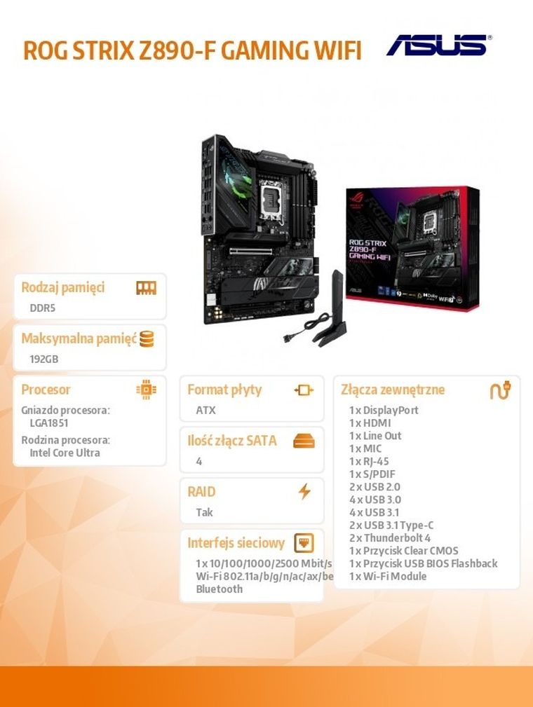Asus, płyta główna, ROG STRIX Z890-F GAMING WIFI s1851 4DDR5 TB4 ATX/90MB1I40-M0EAY0